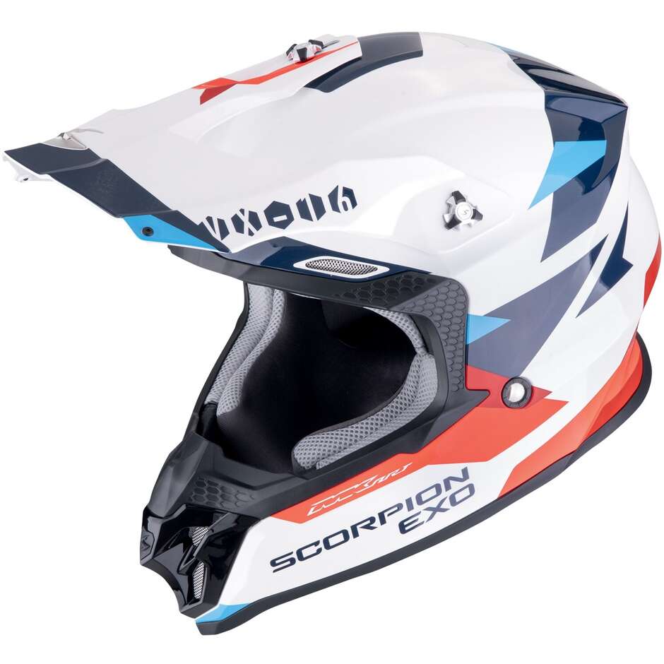 Casco Moto Cross Enduro Scorpion VX-16 EVO AIR ROD Bianco Rosso Blu