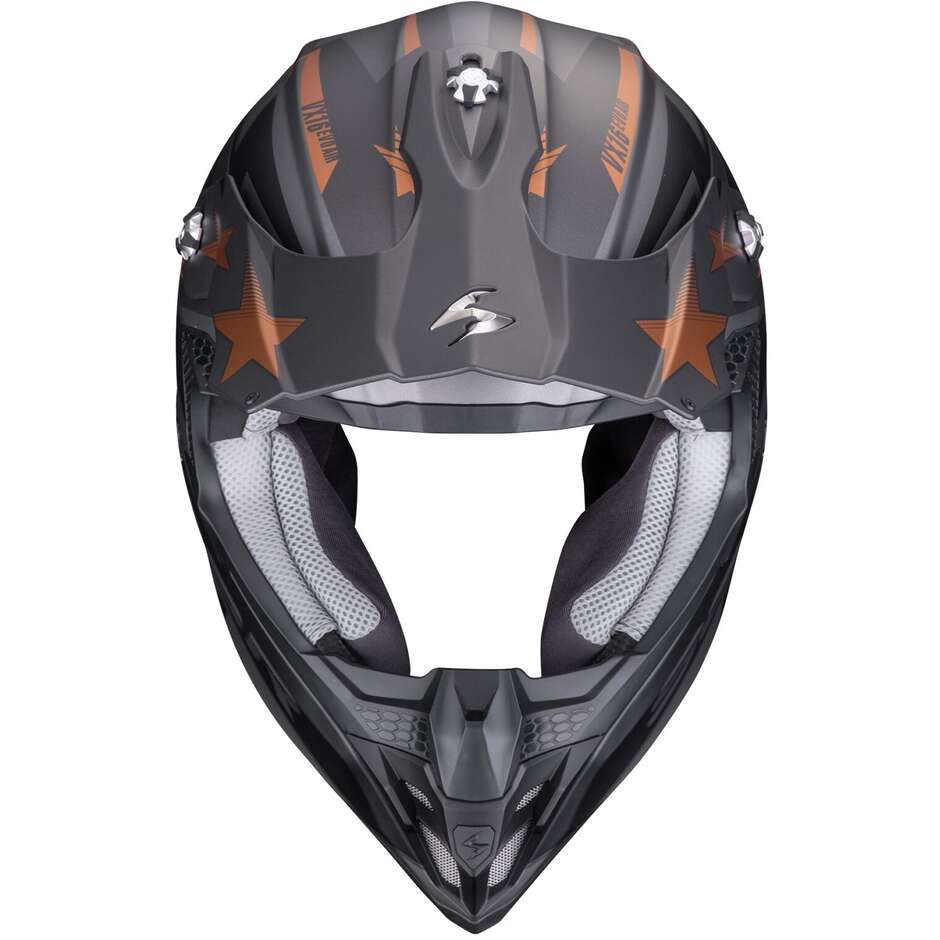 Casco Moto Cross Enduro ScorpionVX-16 EVO AIR PATRIOT Argento Nero Rame
