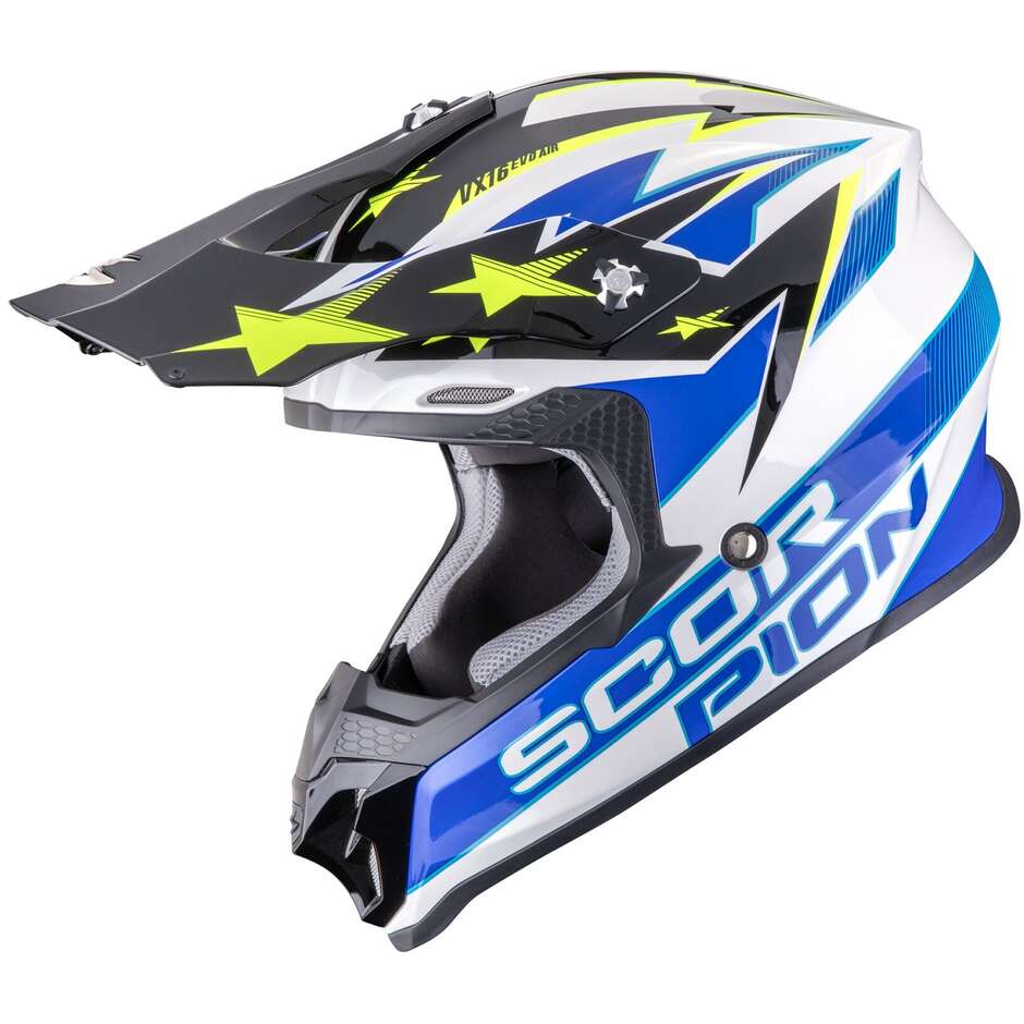 Casco Moto Cross Enduro ScorpionVX-16 EVO AIR PATRIOT Bianco Blu Giallo