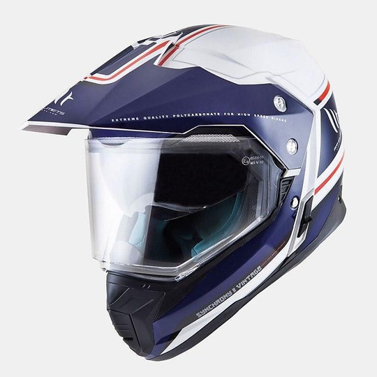 Casco Moto Integrale Cross Enduro MT Helmets Synchrony DuoSport Vintage Bianco Blu