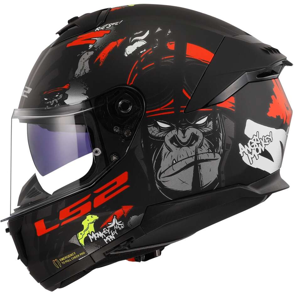 Casco Moto Integrale Ls2 FF808 STREAM II Angry Monkey Nero Opaco Rosso