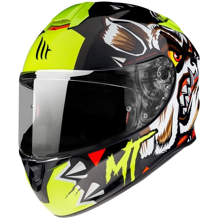 Casco Moto Integrale Mt Helmet TARGO Crazy Dog  G3 Giallo Fluo Lucido