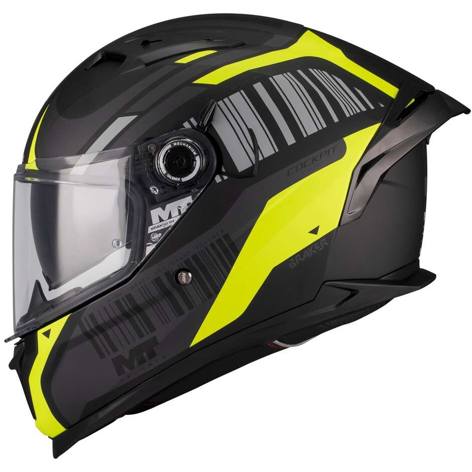 Casco Moto Integrale Mt Helmets BRAKER SV COCKPIT B13 Giallo Fluo Grigio Nero Opaco