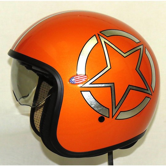Casco moto jet premier vintage in fibra con visierino integrato Arancio lucido Star Silver