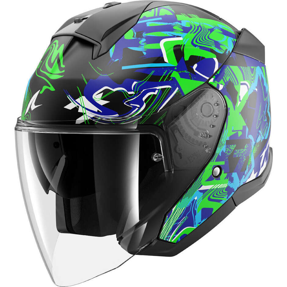 Casco Moto Jet  Shark SKWAL JET PRANZ Mat Nero Verde Blu