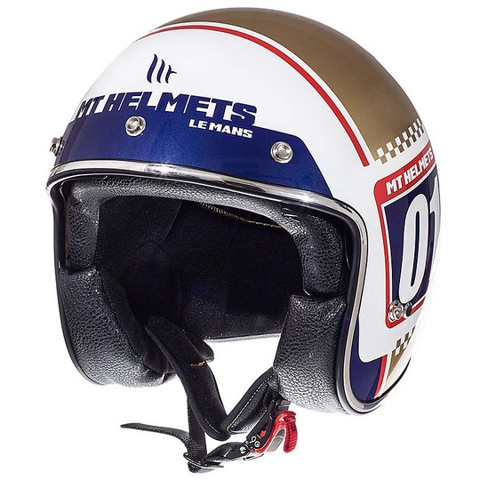 Casco Moto Jet Vintage MT Helmets Le Mans SV 2 NUMBERPLATE A0 Bianco Oro