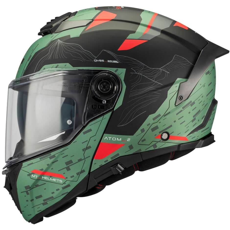 Casco Moto Modulare P/J Mt Helmets ATOM 2 SV HIGHLANDS C6 Verde Nero Opaco