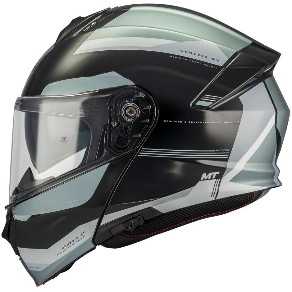 Casco Moto Modulare P/J Mt Helmets GENESIS SV RACCOON B12 Grigio Nero Lucido
