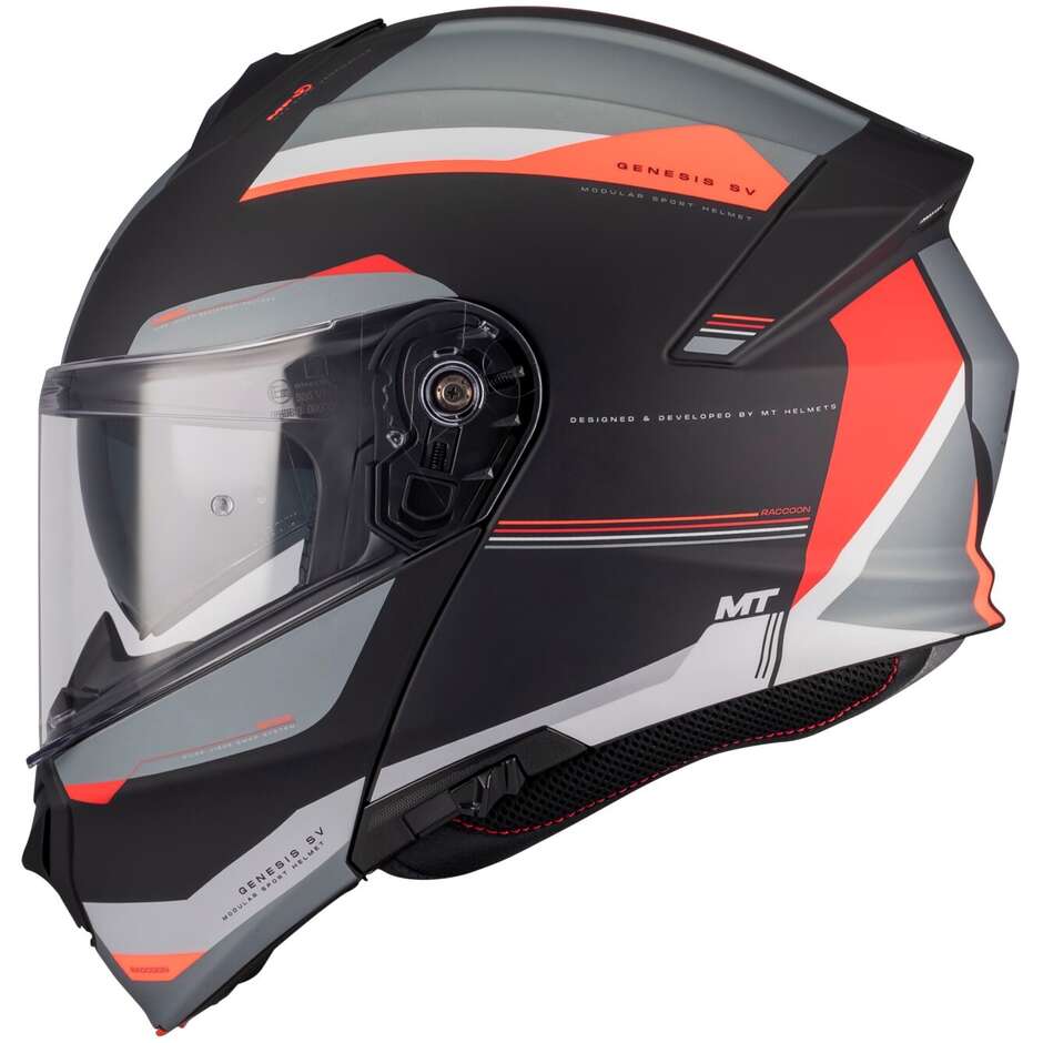 Casco Moto Modulare P/J Mt Helmets GENESIS SV RACCOON B5 Rosso Nero Opaco