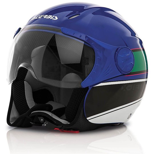 Casque de moto Acerbis Jet avec X-Jet sur vélo bleu vert visière