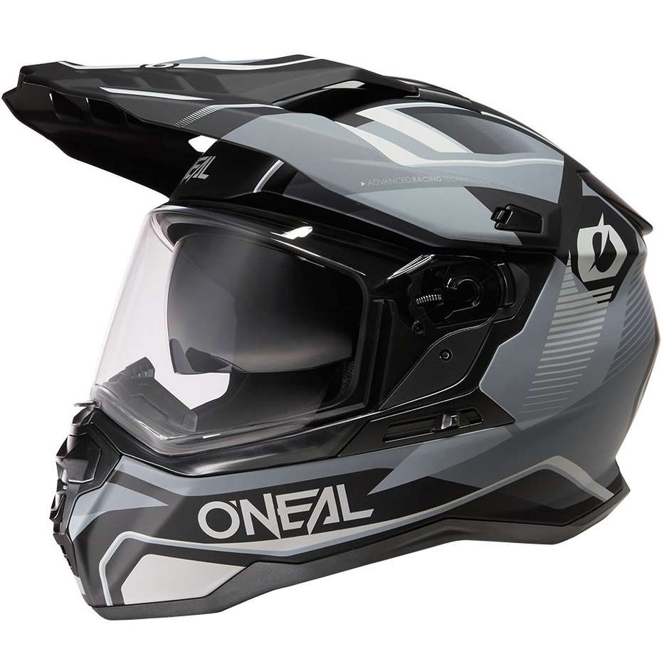 Casque de moto d'enduro intégral avec visière Oneal D-SRS V.22 noir mat carré noir gris