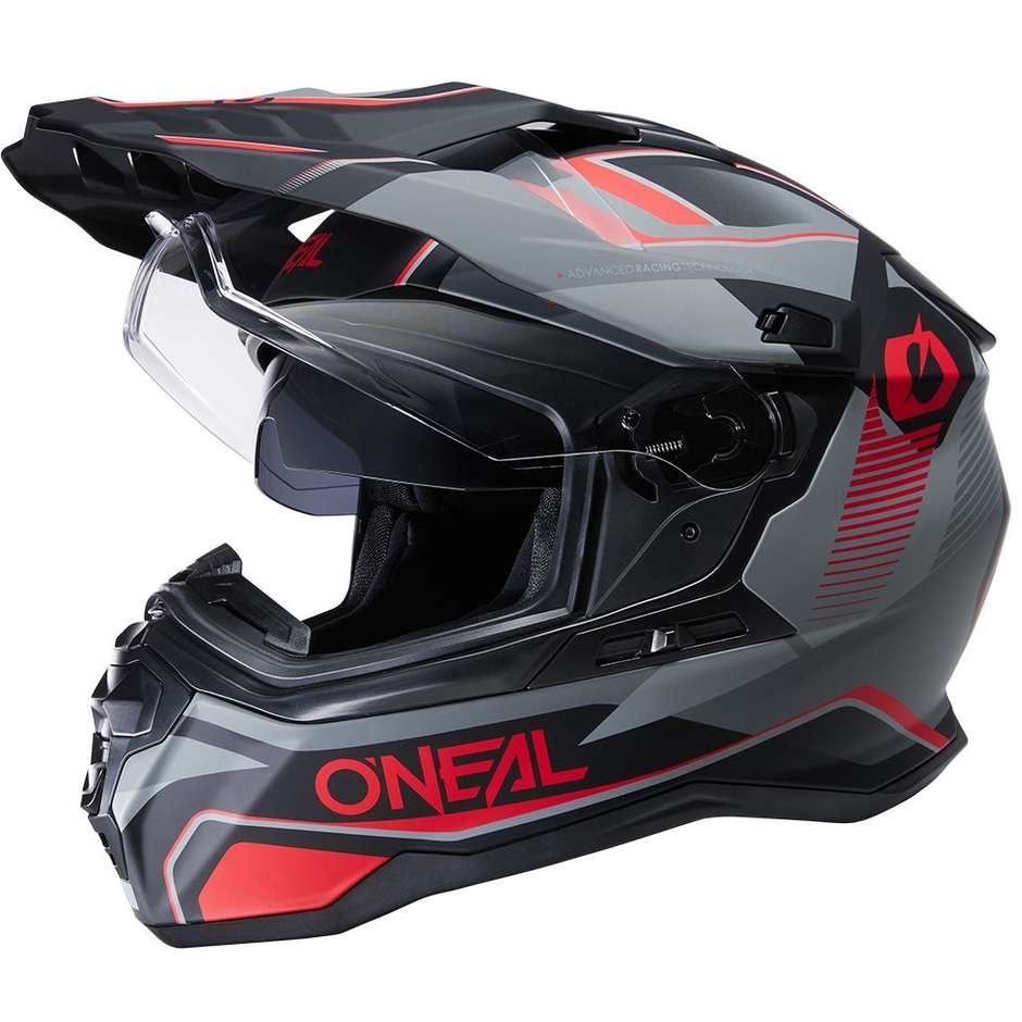 Casque de moto enduro intégral avec visière Oneal D-SRS V.22 noir mat carré noir rouge