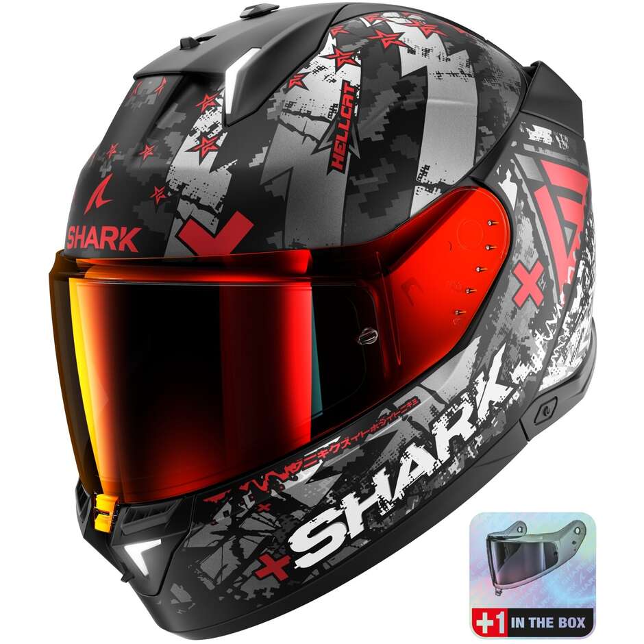 Casque de moto intégral avec LED Shark SKWAL i3 HELLCAT Mat Noir Chrome Rouge