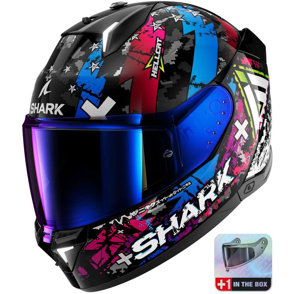Casque de moto intégral avec LED Shark SKWAL i3 HELLCAT Noir Chrome Bleu