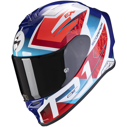 Casque de moto intégral en fibre Scorpion EXO R1 AIR INFINITY blanc bleu rouge