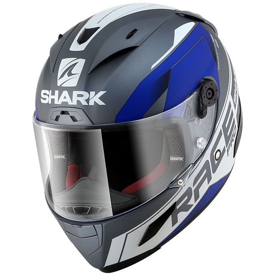 Casque de moto intégral Shark Race-R Pro SAUER Mat Blanc Bleu