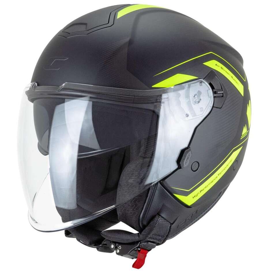 Casque de moto jet CGM 126G IPE CITY, noir et jaune fluorescent mat