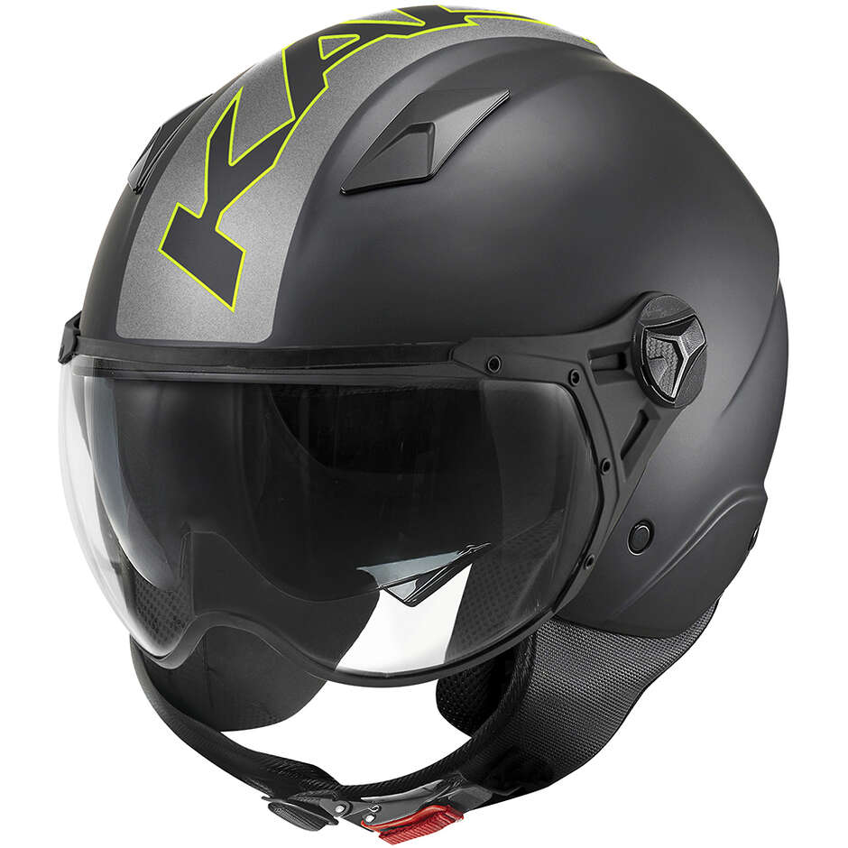 Casque de moto jet Kappa KV57 STRIKER Noir mat Titane Jaune fluorescent
