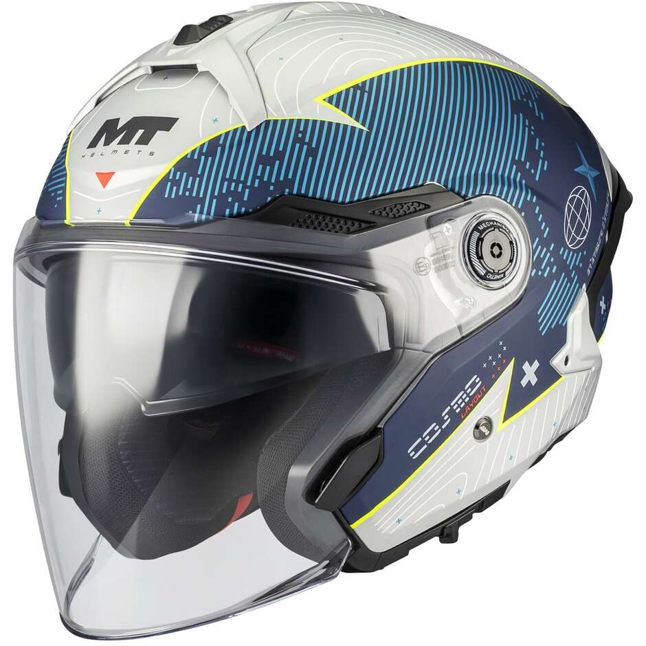 Casque de moto jet MT Helmets COSMO SV LAYOUT C7 Gris Bleu Jaune Mat