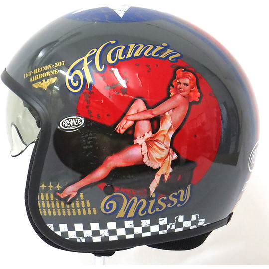 Casque de moto Jet Premier en fibre avec visière Pin Up grise intégrée