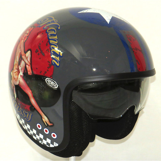 Casque de moto Jet Premier en fibre avec visière Pin Up grise intégrée