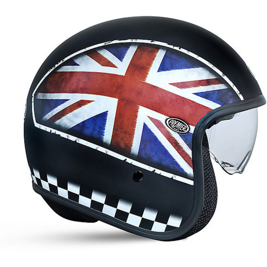 Casque de moto JetPremier en fibre vintage avec visière intégrée au drapeau britannique