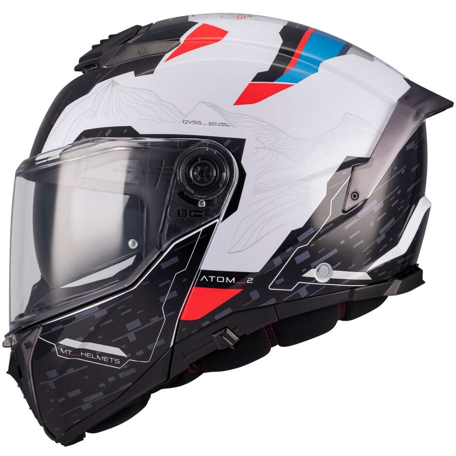 Casque de moto modulable MT Helmets ATOM 2 SV HIGHLANDS A7 P/J Blanc Bleu Rouge Brillant