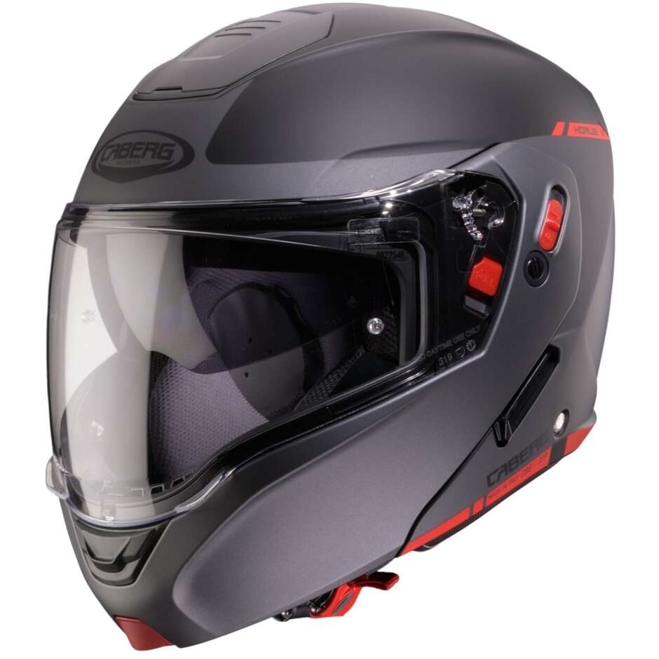 Casque de moto modulaire homologué Caberg HORUS X RAY P/J, noir mat, gris, rouge fluo