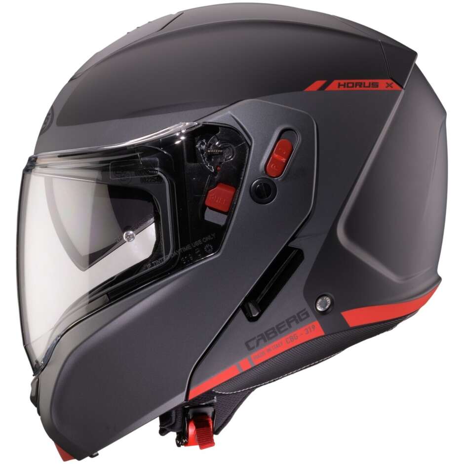 Casque de moto modulaire homologué Caberg HORUS X RAY P/J, noir mat, gris, rouge fluo