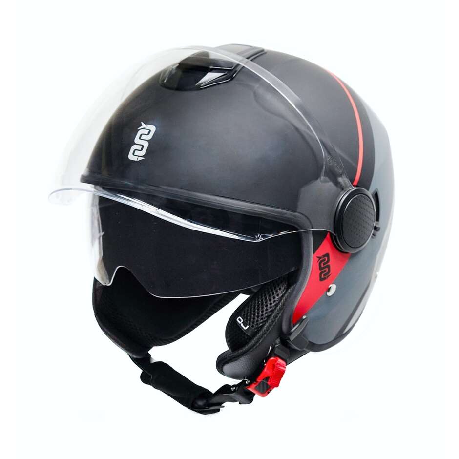 Casque de moto OJ VIAGGIO Jet Gris à rayures rouges