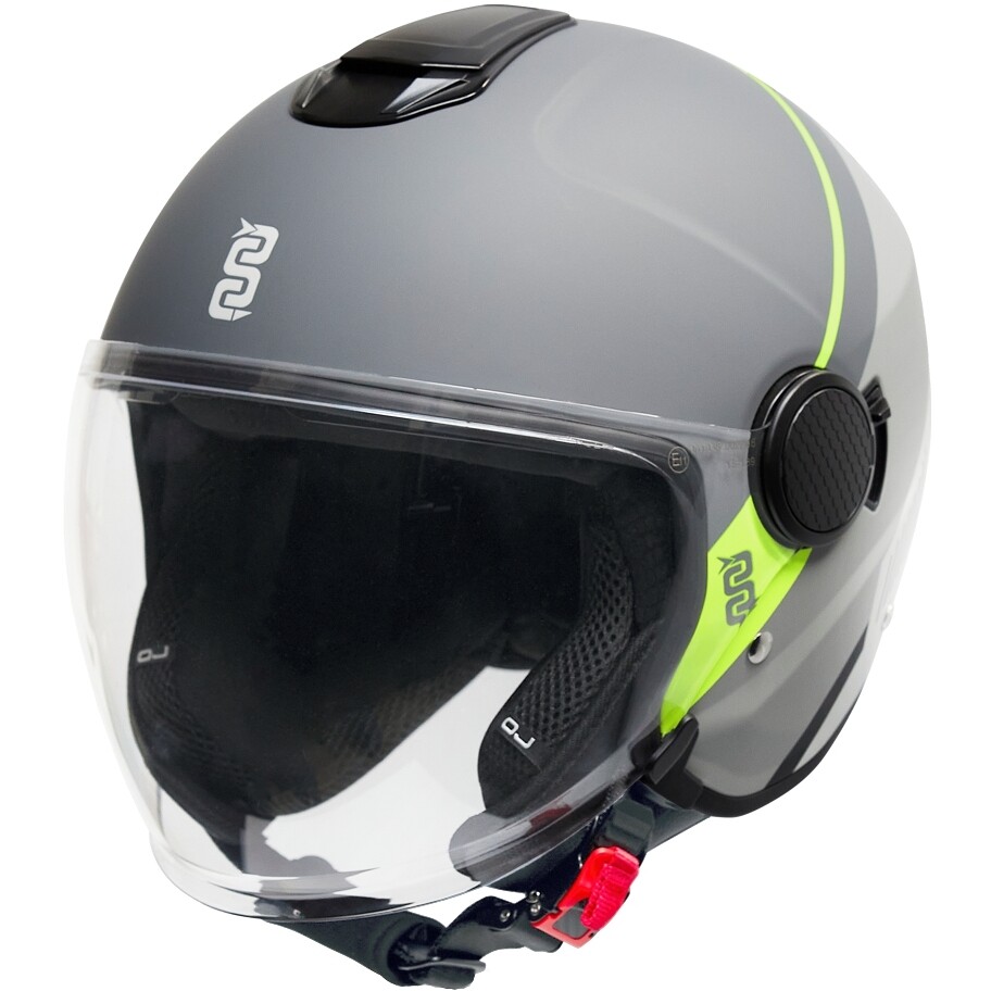 Casque de moto OJ VIAGGIO Jet, rayures grises et jaunes