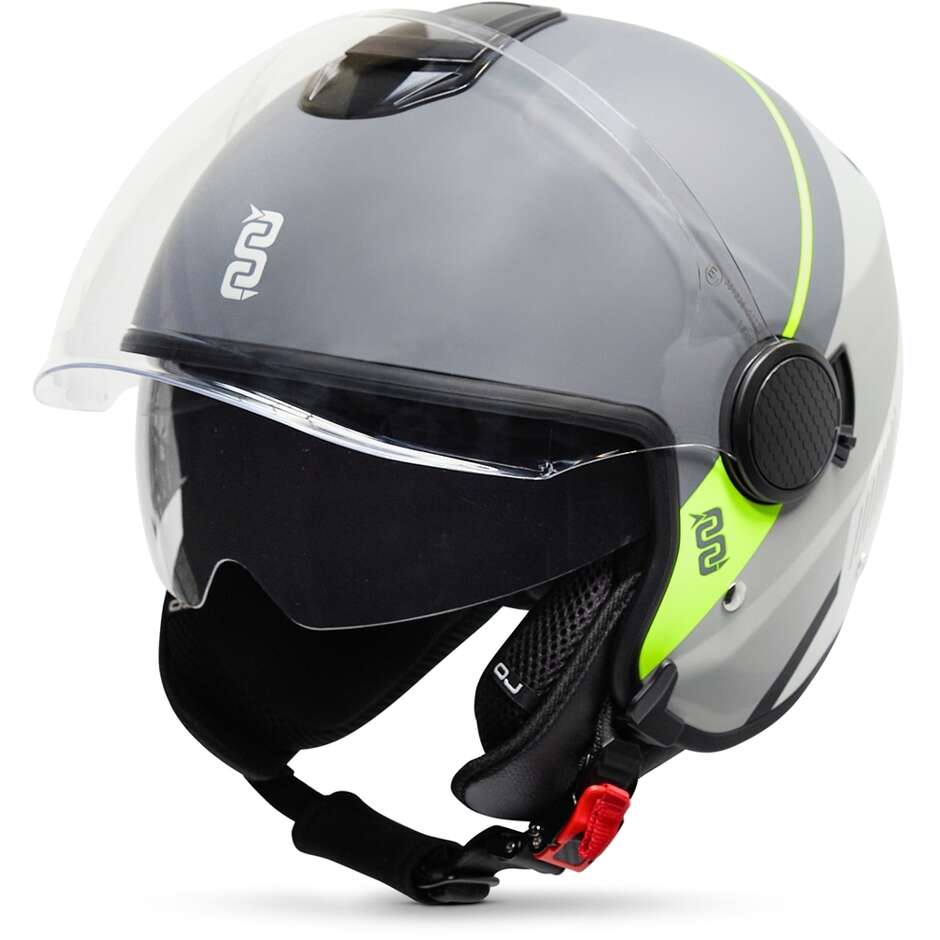 Casque de moto OJ VIAGGIO Jet, rayures grises et jaunes