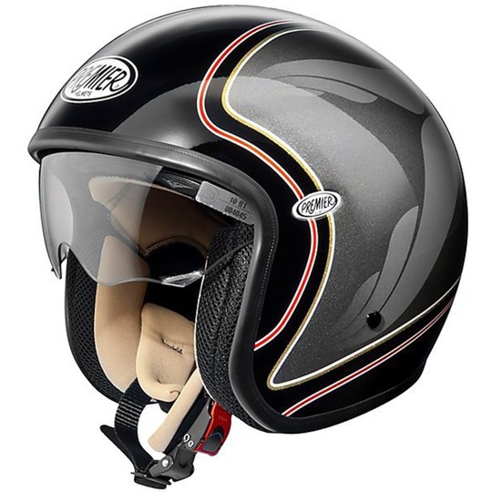 Casque de moto Premier Vintage Jet en fibre avec visière graphique noir brillant intégrée