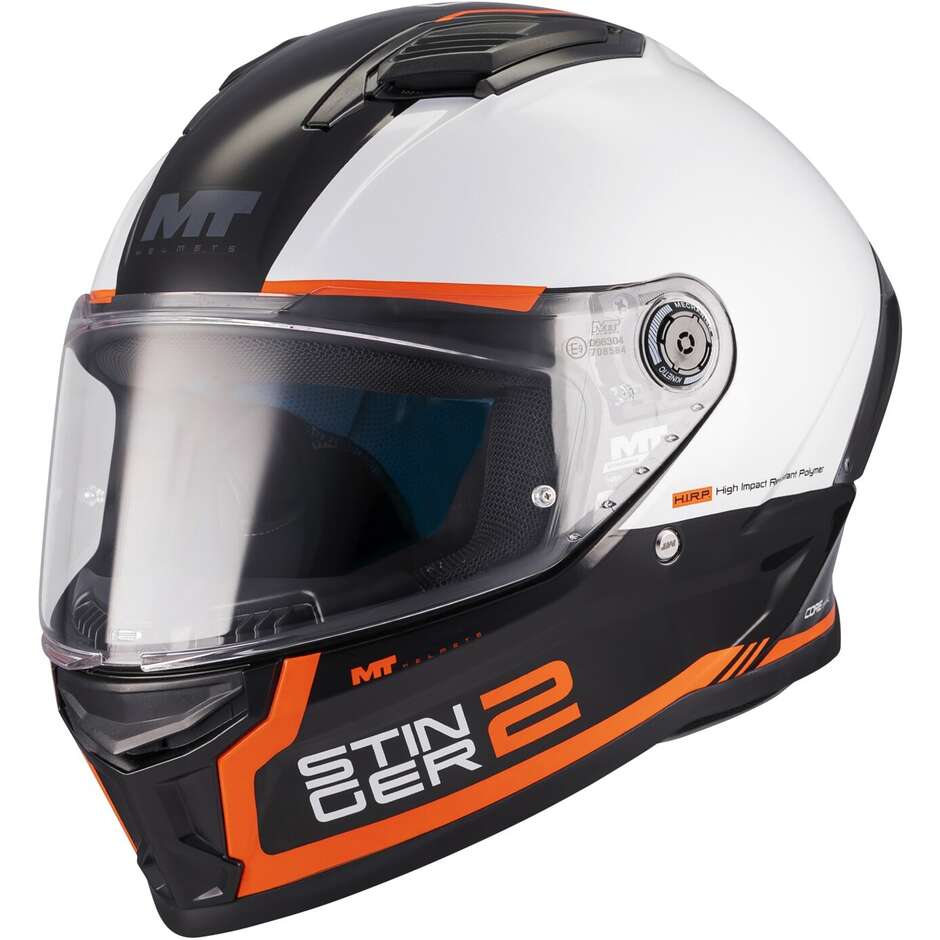 Casque intégral de moto MT Helmets STINGER 2 CORE B0 Blanc Orange Noir brillant
