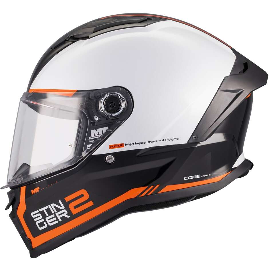 Casque intégral de moto MT Helmets STINGER 2 CORE B0 Blanc Orange Noir brillant