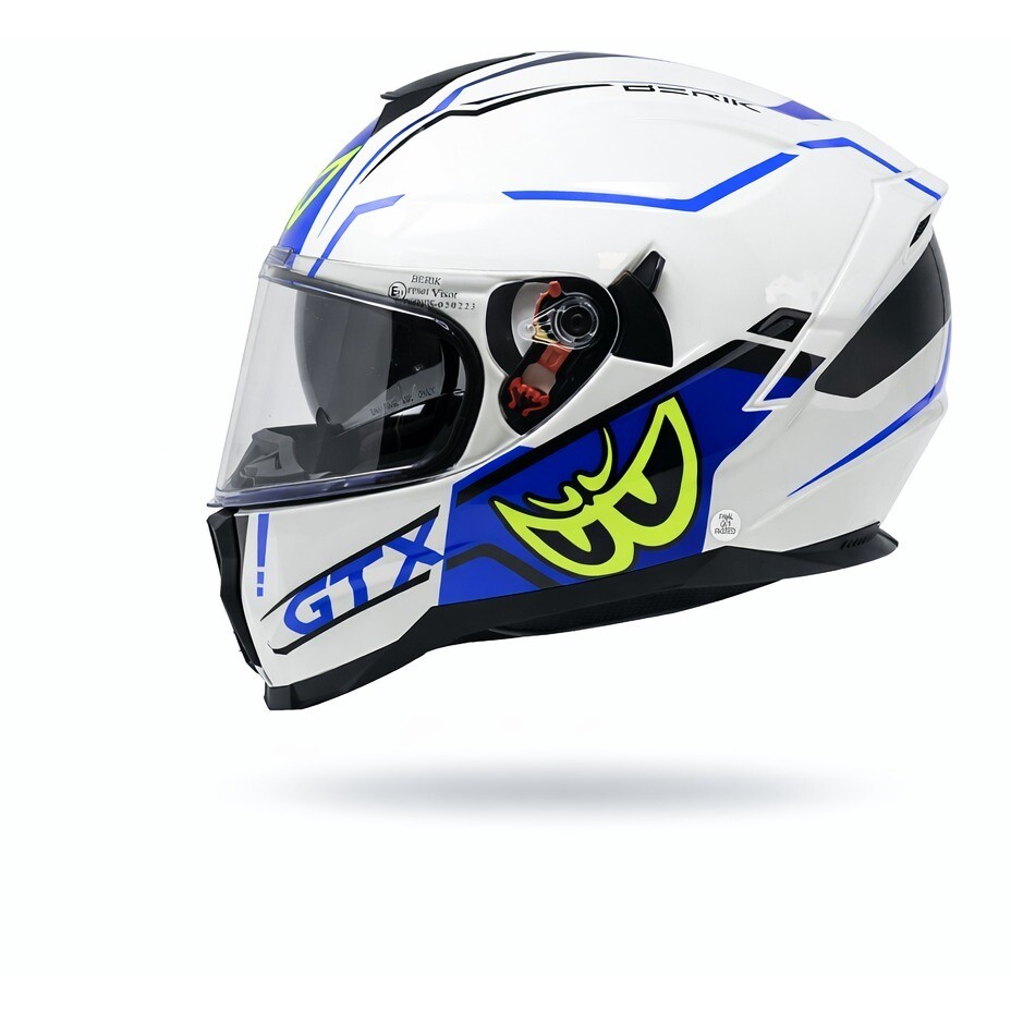Casque intégral moto Berik FF869 GTX à double visière, blanc, jaune, bleu