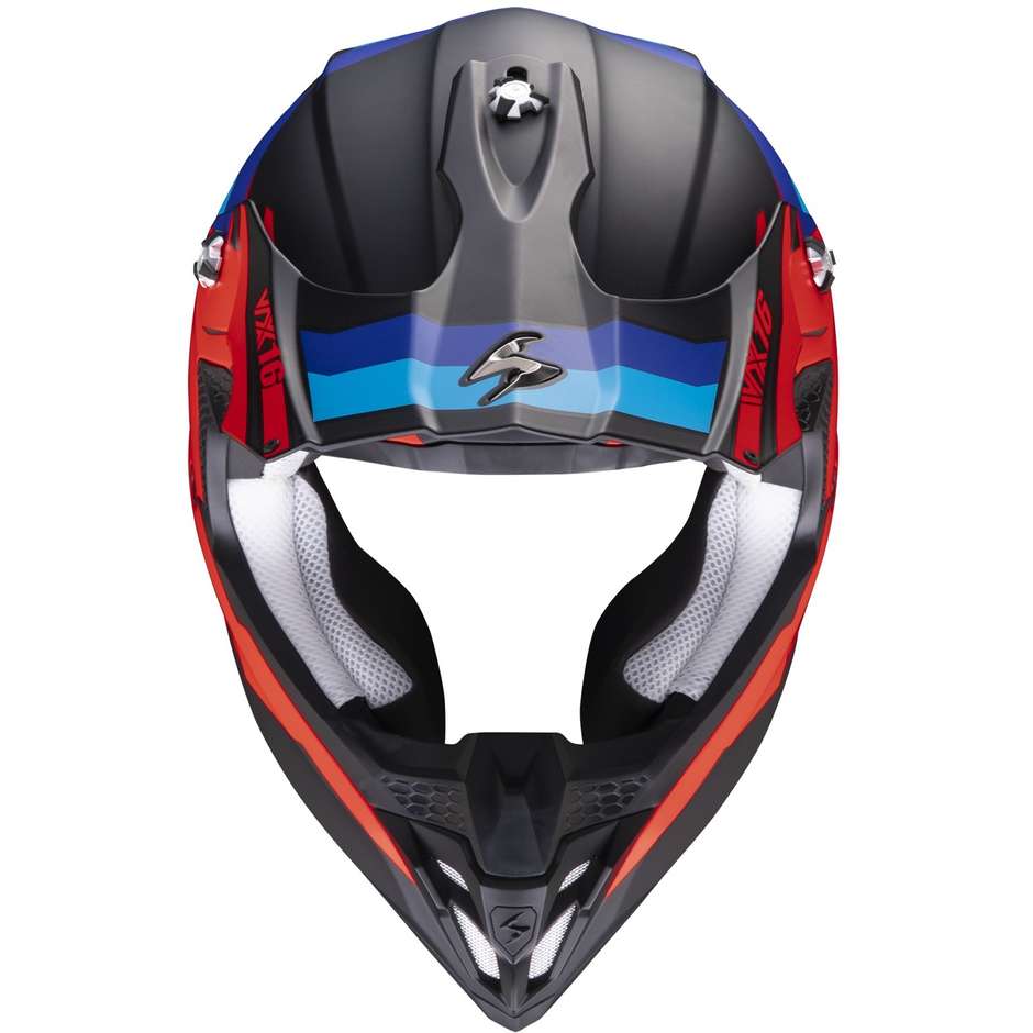Casque Moto Cross Enduro Intégral Scorpion VX 16 EVO AIR SPECTRUM Noir Mat Rouge Bleu