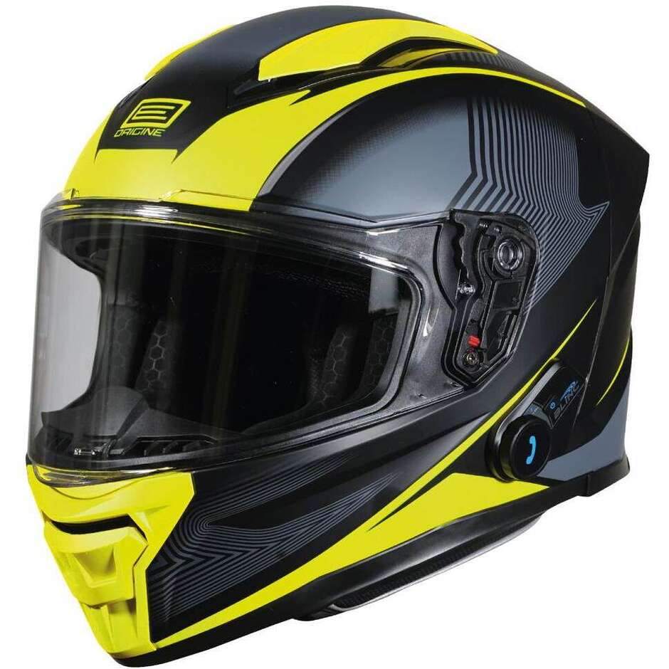 Casque moto intégral avec interphone intégré ORIGINE PISTA + BT ELEMENTARY Jaune fluo Noir mat 22.06
