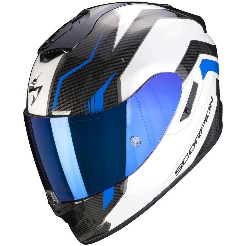 Casque Moto Intégral En Fibre Scorpion EXO-1400 AIR FORTUNA Blanc Bleu