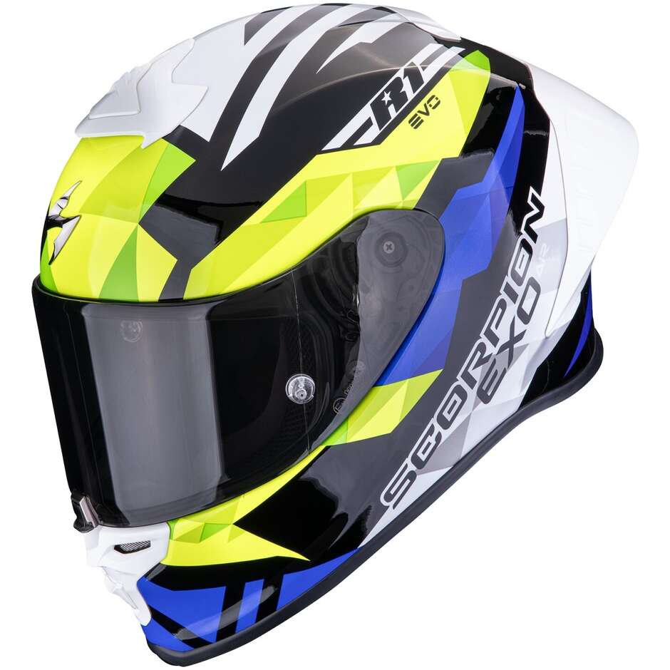 Casque moto intégral Scorpion EXO-R1 EVO II AIR VALERE Noir Bleu Jaune Fluo