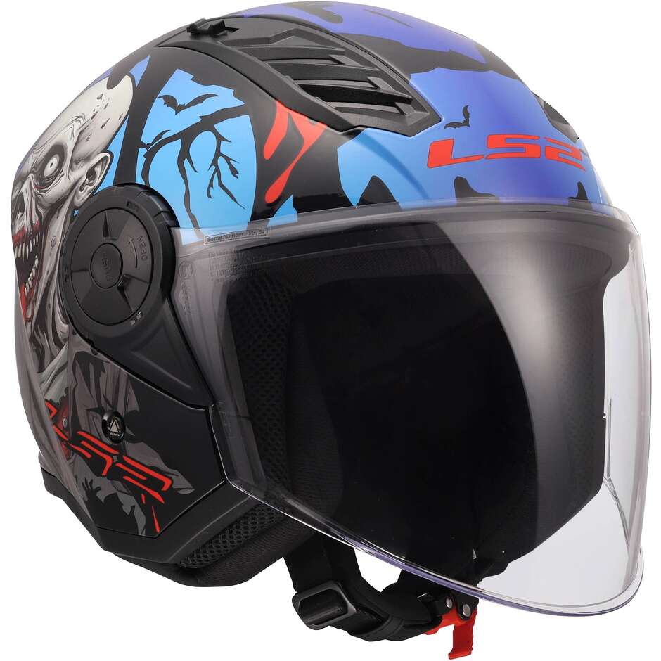 Casque moto jet LS2 OF616 AIRFLOW II ZOMBIE II noir rouge bleu