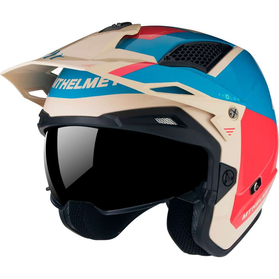 Casque Moto Jet Mt Helmets DISTRICT SV S ANALOG D7 BLEU Beige Rouge Brillant