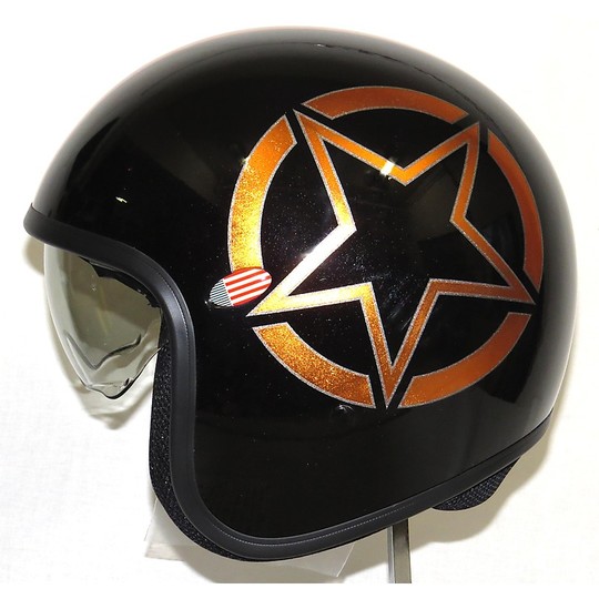 Casque moto vintage en fibre de jais avec visière Glitter Star Orange intégrée