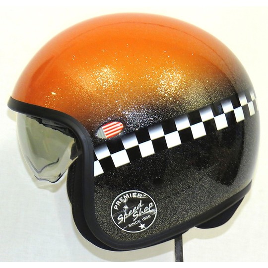 Casque moto vintage jet fibre premier avec visière intégrée Black Orange Glitter