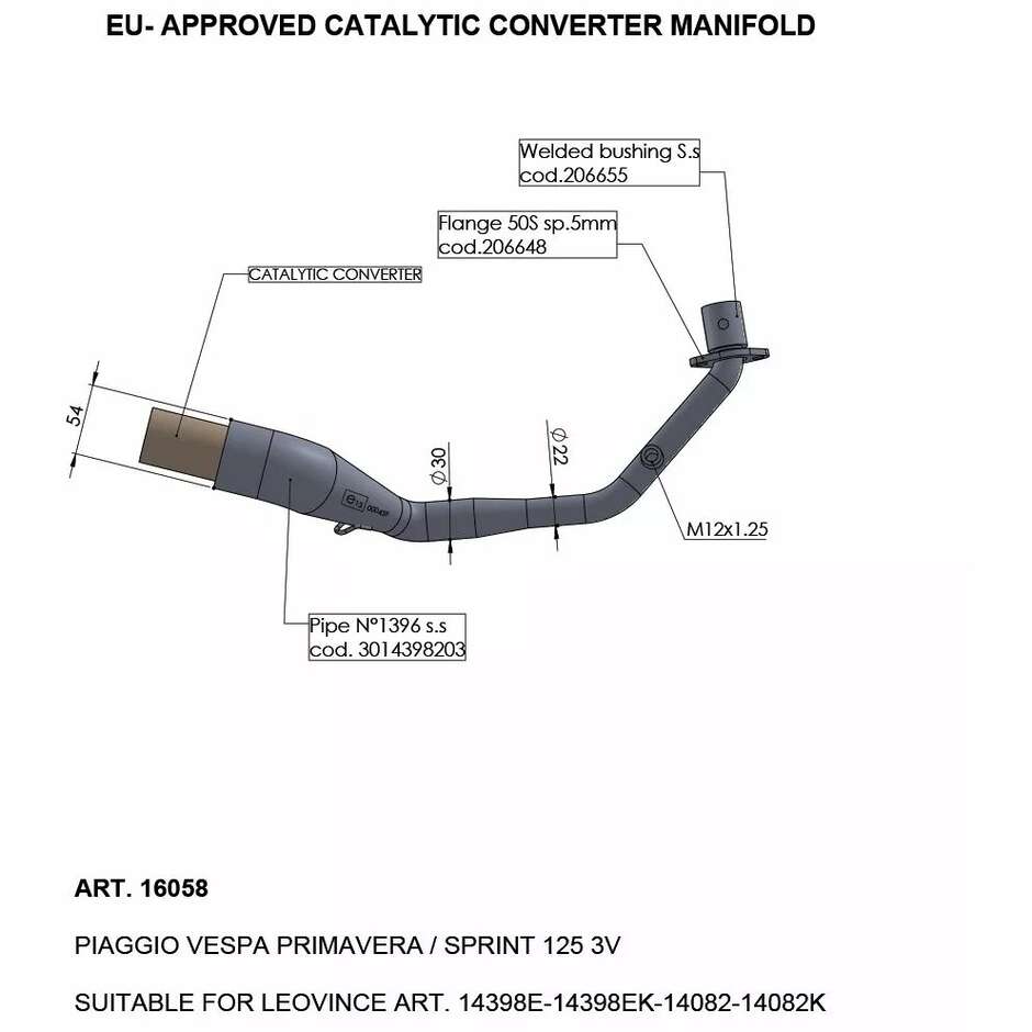Collecteur catalytique Leovince 16058 spécifique pour PIAGGIO Vespa Primavera/Sprint 125 3V (21-24)