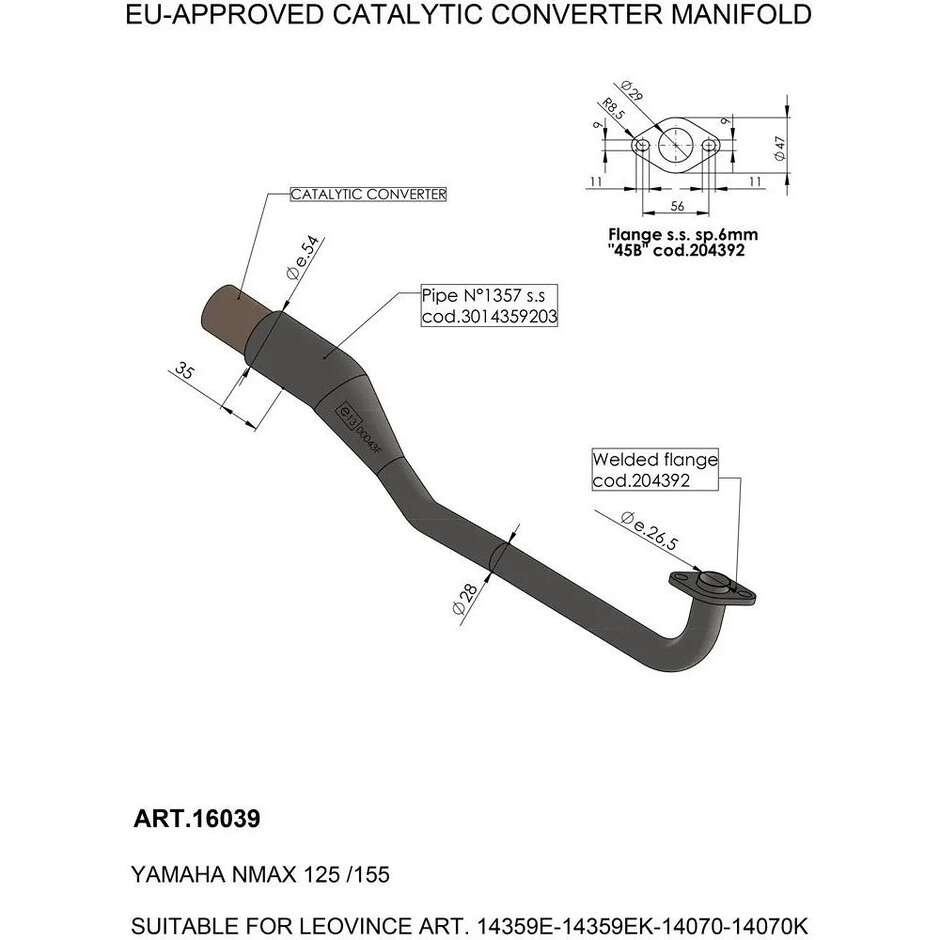 Collettore del Convertitore Catalitico Leovince 16039 Specifico Per YAMAHA NMAX125 (17-20); NMAX155 (16-17)