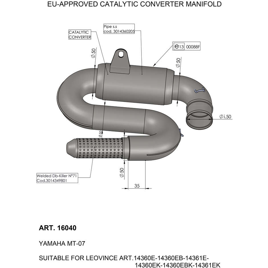 Collettore del Convertitore Catalitico Leovince 16040 Specifico Per YAMAHA MT-07 (21-24); XSR700 (21-25); YZF-R7 (22-25); Tracer7/GT (21-22)