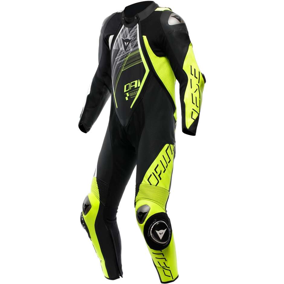 Combinaison de moto perforée parfaite Dainese AUDAX D-ZIP 1PC. Noir Jaune Fluo Blanc
