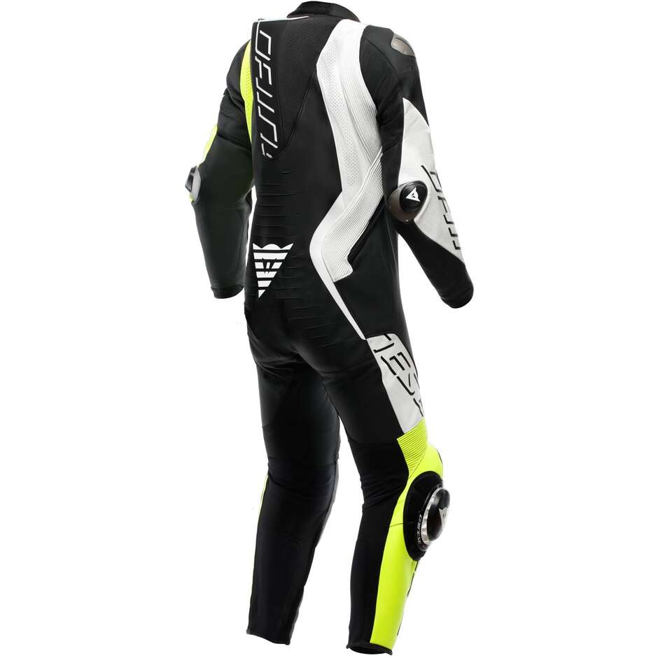 Combinaison de moto perforée parfaite Dainese AUDAX D-ZIP 1PC. Noir Jaune Fluo Blanc