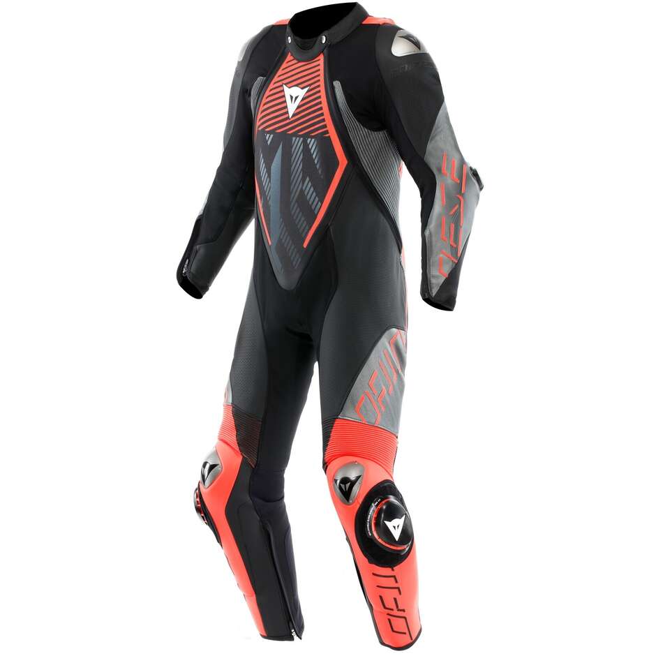 Combinaison de moto perforée parfaite Dainese AUDAX D-ZIP 1PC. Noir Rouge Fluo Anthracite